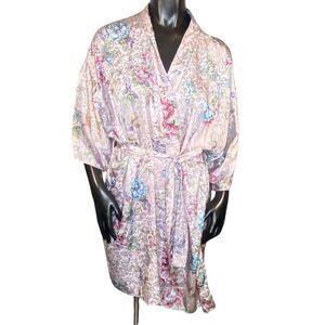 Sleep Solutions Short Satin Robe Womens Size Large Short Sleeve Belted Floral